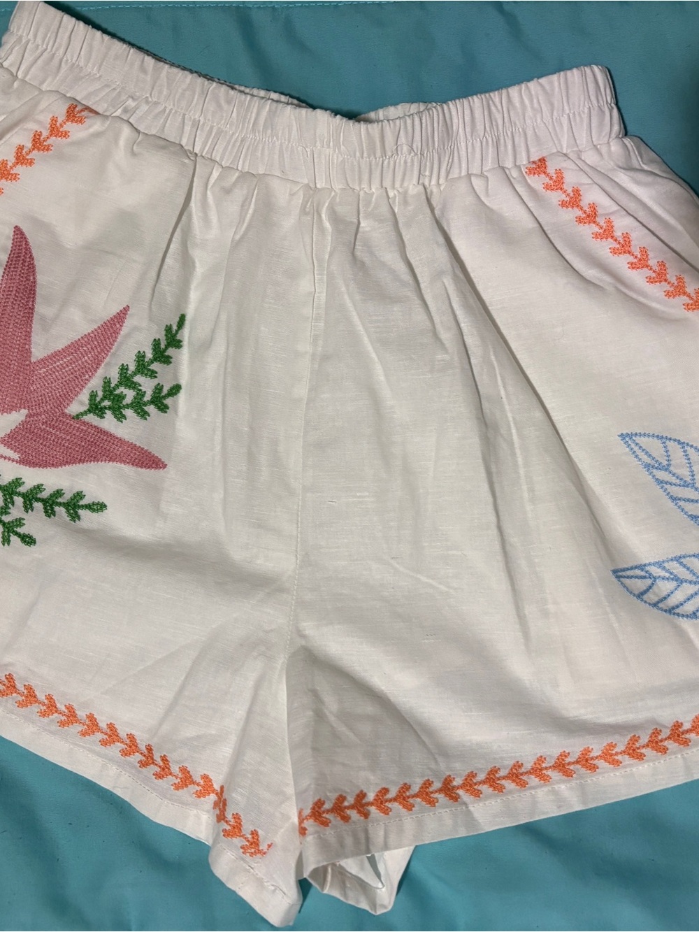 Mable Embroidered Linen Blend High-Waist Shorts White Orange Small Like New